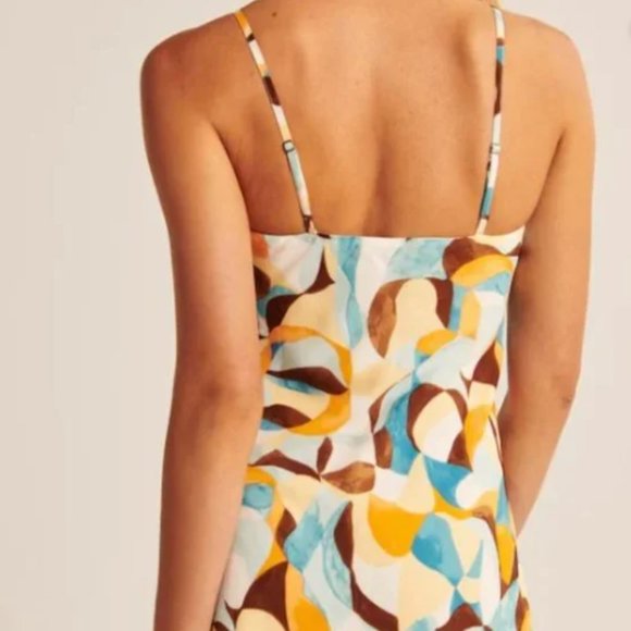 NWT Abercrombie Cinch Front Slip Mini Dress Multicolor retro abstract print bow - Picture 2 of 3